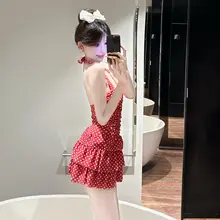 セクシーなハイネックワンピース水着【ドット柄・保守的デザイン・小胸をカバー】