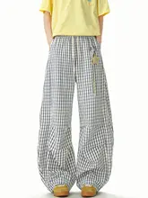 星星モチーフのチェック柄弯刀デザインパンツ【ユニセックス・春用・フィット・ロング丈】（セットアップ対応）