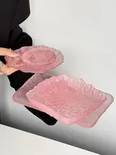 高級感あるピンク不規則デザインガラスプレート【家庭用・お菓子皿・丸型デザートトレイ】