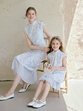 新中式デザインの親子用旗袍ワンピース【母娘ペア・花柄・夏用】（セットアップ対応）