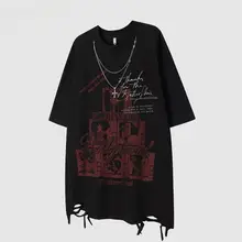 ダークスタイルのラウンドネック半袖Tシャツ【ヒップホップ・破れデザイン・チェーン付き】