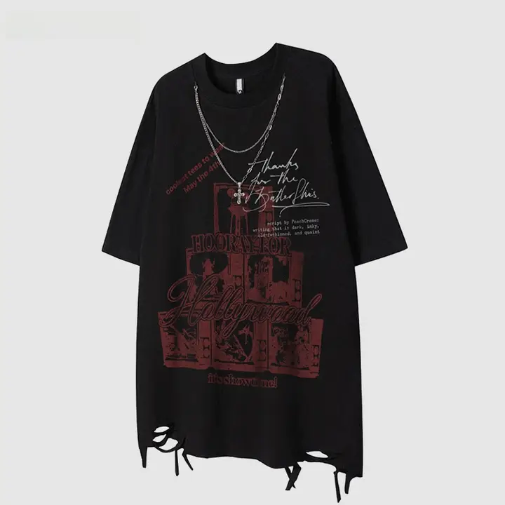 ダークスタイルのラウンドネック半袖Tシャツ【ヒップホップ・破れデザイン・チェーン付き】