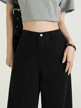 レディース 夏用黒色ワイドレッグデニムパンツ【ハイウエスト・フィット・ストレート】（セットアップ対応）