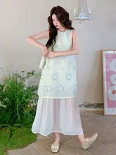 上品な刺繍のノースリーブマキシドレス【エレガント・薄手のシフォン・フレンチスタイル】