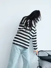 竹節綿のシンプルなレトロ風ロングスリーブTシャツ【ワイドストライプ・体型カバー】