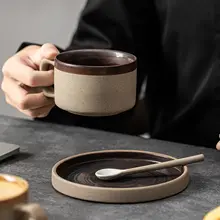 高級感のあるデザイン！粗陶製カフェカップ＆ソーサー【レトロスタイル・家庭用】（セットアップ対応）