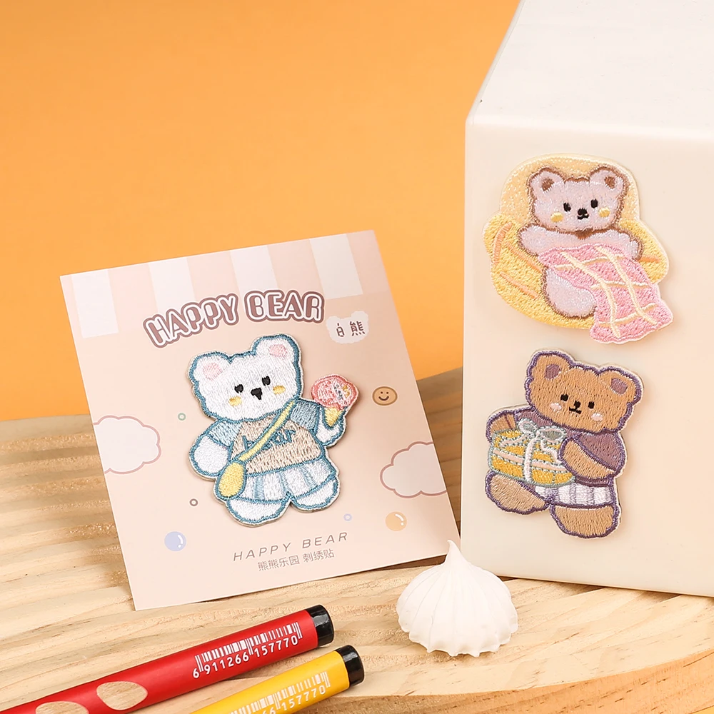 小熊デザイン刺繍付きDIYデコレーションシール：ハンドメイド注意書き印刷の実用性と使い方