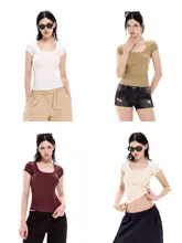 ウエストを絞ったUネック短袖Tシャツ【レディース・夏用・無地・インナー用】
