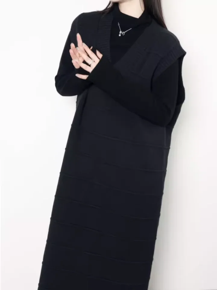 プラスサイズ レディース ブラックニットベストワンピース【秋冬用・細見え・インナーコーデに最適】（セットアップ対応）