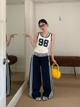 夏用ハイウエストストライプワイドパンツ【レースデザイン・カジュアル】（セットアップ対応）