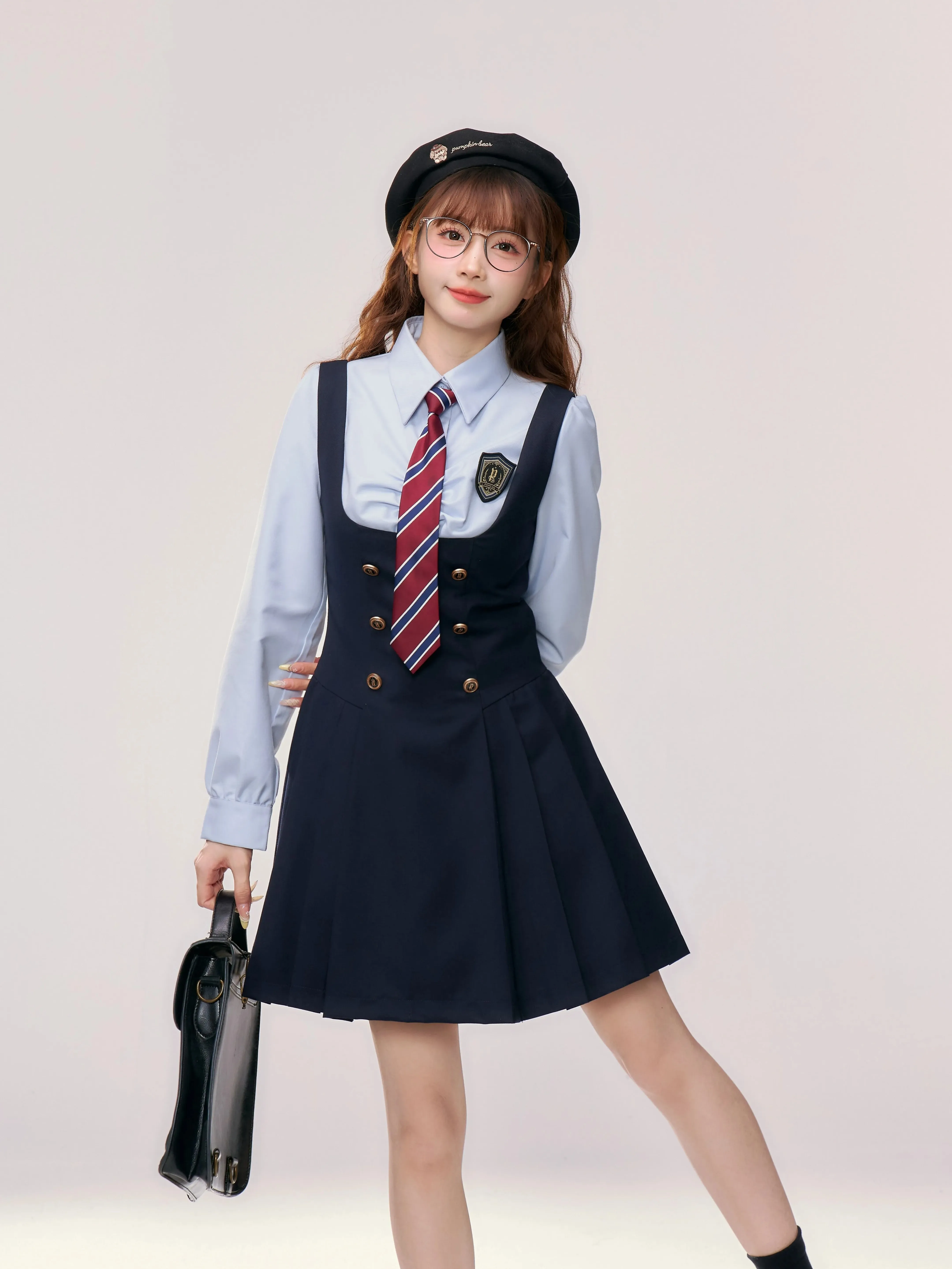 二色使いの学園風シャツとJK制服のベストドレス【セットアップ対応】：ダサい学生服と可愛い女子校制服のバランスを実証