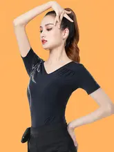 ラテン舞用 Vネック短袖トップス【極上の柔らかさ・ビジュー装飾・女性用】