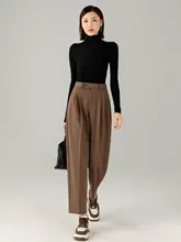 ストライプデザインのハイウエストテーパードパンツ【レディース・ウール混・春秋用・9分丈】
