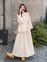 杏色の柔らかな雰囲気のドレス【オフショルダー・半身スカート・春秋用】（セットアップ対応）