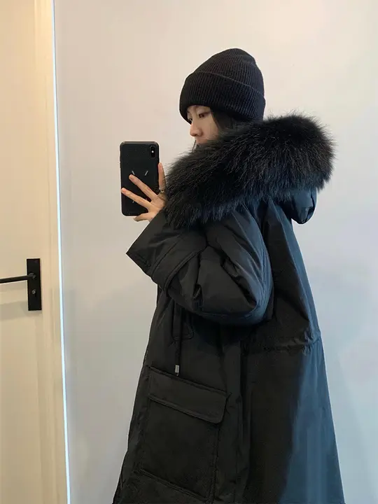 ブラックロングコート【冬用・厚手・ゆったりフィット・大きなフード付き】
