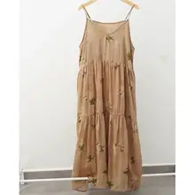 涼しげなリネン混フラワープリントキャミソールVネックワンピース【夏用・ロング丈・リラクシングスタイル】