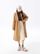 小柄向けのキャメル色ダブルフェイスカシミアコート【厚手・中長丈・シンプルデザイン】