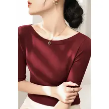 花啡色のオフショルダーコットンニットトップス【五分袖・ルーズフィット】