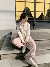 花吉 K266 ゆったりストレート パラシュートパンツ【白桃ピンク・抽絞り・秋用・レディース】