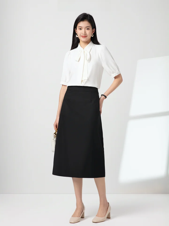 LINGMOON バタフライリボン付き 半袖シャツ【ビジネス・面接用・女性用・ドレープデザイン】