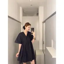 Vネックボタンデザインのシャツワンピース【ウエストマーク・Aライン・黒・長袖】（セットアップ対応）