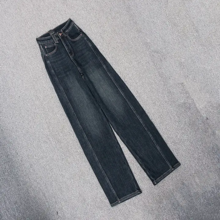 高腰ストレッチデニムパンツ【冬季用・フリース裏地・ワイドレッグ・水泥ブルー】