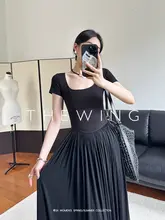 THEWING ブラックショートスリーブUネックドレス【ウエストシェイプ・ロングスカート・シンプルブラック】