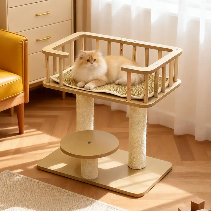 実木製キャットタワー【麻製爪研ぎ柱・大容量・多機能ペット用品】