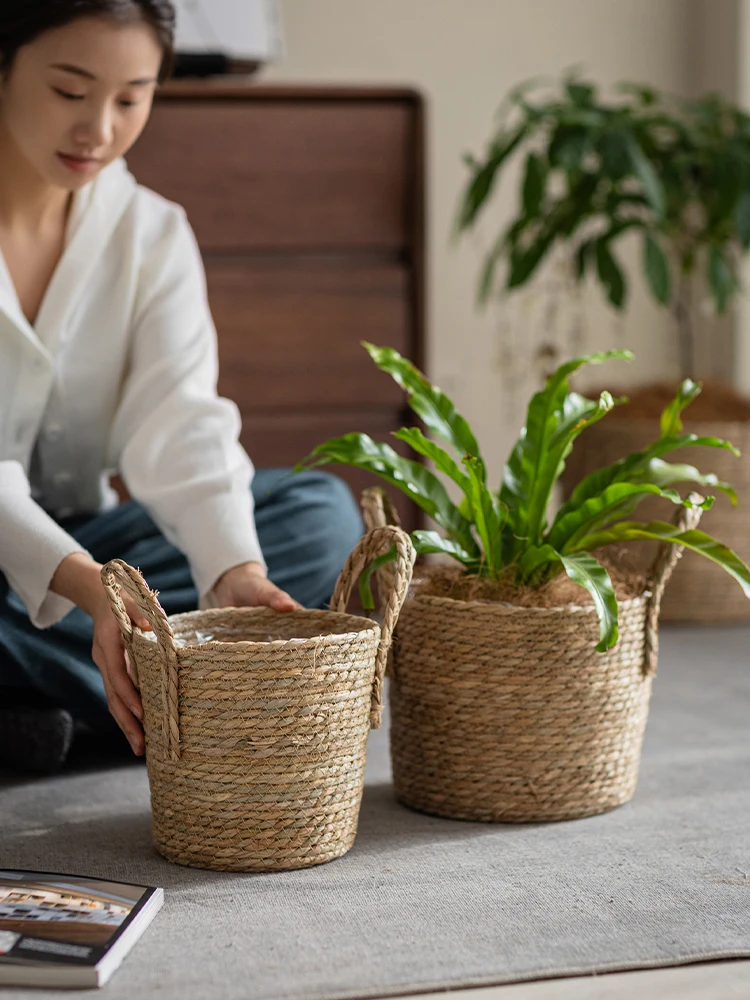 シンプルな草編み花盆：盆栽趣味に最適なカラフル編みバスケットの実用性と使い方