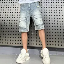 男性用 夏用 アメリカンビンテージウォッシュ加工 多ポケットデザイン 作業用ショートパンツ【カジュアル・ヒップホップ・ハーフパンツ】（セットアップ対応）