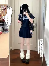 女性用JK制服 水色セーラーシャツとスカートの半身スカート【日系・ショートスリーブ】（セットアップ対応）