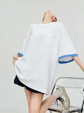Tシャツ レディース フェイクレイヤード カラーブロック ドロップショルダー 五分袖 ゆったり 体型カバー カジュアル 夏 白