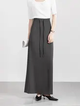 フレンチデザインのグレー女性用ロングスカート【高腰・薄手・Aライン】