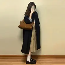 深青色のトレンチコート【レディース・中長丈・おしゃれ・韓国風・イギリススタイル】