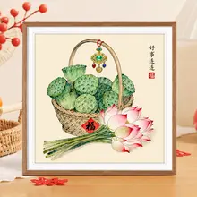 現代的な蓮の花と福字の刺繍【シンプルな手作りデザイン・リビングやダイニングに最適】