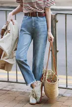 高腰デニムパンツ【ブルー・ストレート・ヴィンテージ加工・毛羽立ち脚口】