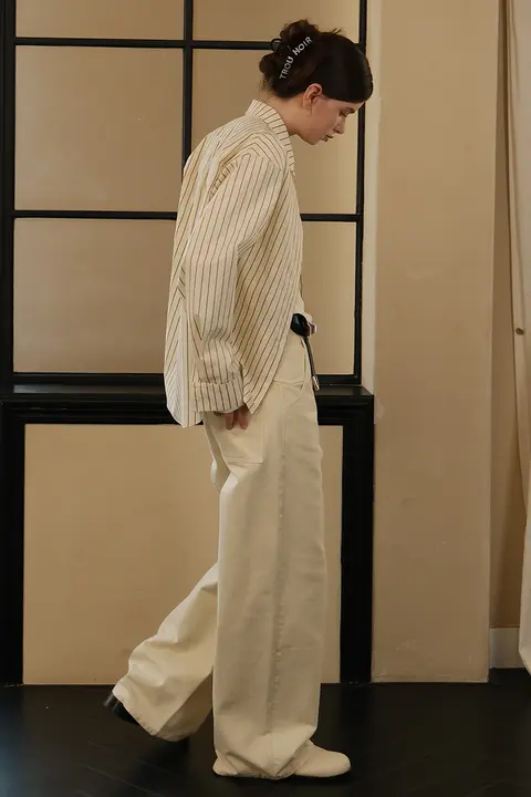 デニムパンツ レディース ハイウエスト ワイドストレート ヴィンテージ 着痩せ スタイルアップ オフホワイト 秋冬「trou noir」