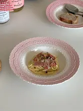セラミックプレート パスタ デザート 繊細なレトロ ピンク レース エンボス