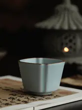 天青汝窯 四角型茶杯セット【高級陶器・ペア・ギフトボックス入り】