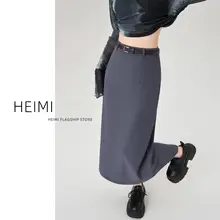 米白色ハイウエストスカート【春夏用・中長丈・ダブルスリット・Aライン】