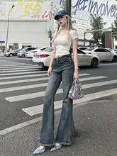 Cjxnh スリット入り フレアデニムパンツ【脚長効果・フィットデザイン・秋冬用】