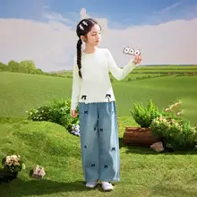 女の子用デニムパンツ【春用・水引付き・バタフライ結び・ワイドレッグ】