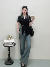 夏用 高腰ワイドパンツ【大きいサイズ・タック付き・極上の柔らかさ・デニム風】（セットアップ対応）