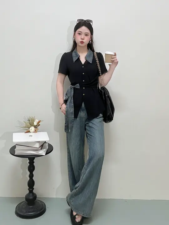 夏用 高腰ワイドパンツ【大きいサイズ・タック付き・極上の柔らかさ・デニム風】（セットアップ対応）