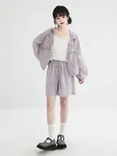 紫色フード付きUVカット薄手防止衣【夏用・女性・ショートパンツ・デザイン】（セットアップ対応）