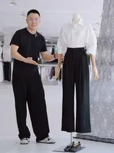 高腰スリムストレートカジュアルパンツ【女性用・デザイン性あり・ウエストゴム】