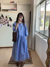 大きいサイズ レディース ワンピース【青いチェック・七分袖・秋用・ゆったりしたシルエット・体型カバー】