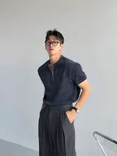 浅灰色ハーフジップニット半袖Tシャツ【通気性・肌触りの良さ】