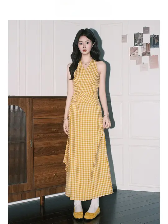 Forever 21 ドーパミンイエローチェック Vネック ドレス