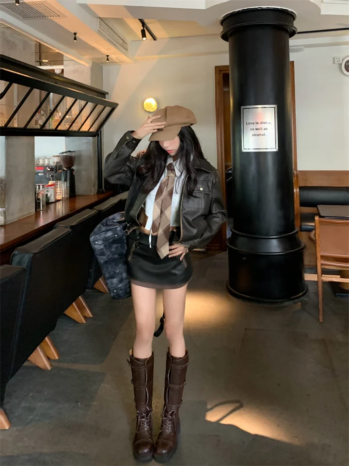 美式レトロPO皮製ハイウエストスカート【秋用・シルエットアップ・コーヒーカラー】